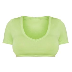Neon Lime Jersey Short Sleeve V Neck Crop Top New